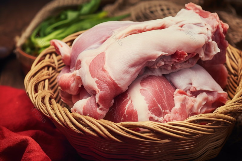 现实红色篮子里的新鲜肉类美食猪腿肉,高清,摄影图,摄影图片,图片大全,摄影图免费下载